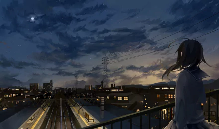 HD anime night scene depicting a silhouetted figure overlooking city rooftops and train tracks under a cloudy sky, designed as an original desktop wallpaper.