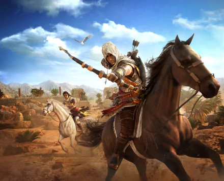 HD desktop wallpaper featuring Bayek of Siwa from the video game Assassin's Creed Origins, riding a horse in a desert landscape with another rider in the background.
