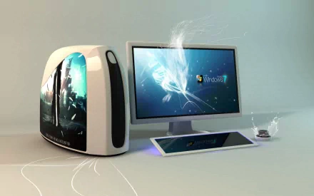 A sleek computer setup featuring a modern monitor, keyboard, and a stylish CPU, showcasing a vibrant Windows 7 interface in a high-definition CGI background.