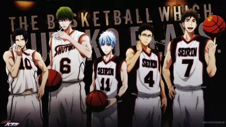 A high-definition desktop wallpaper featuring characters from Kuroko's Basketball, showcasing five players in jerseys, each holding a basketball, set against a bold background.
