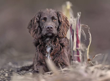 4K Ultra HD PC desktop wallpaper of a brown German Spaniel dog (spaniel, animal) reclining in a soft-focus field, alert eyes and richly textured, wavy fur.