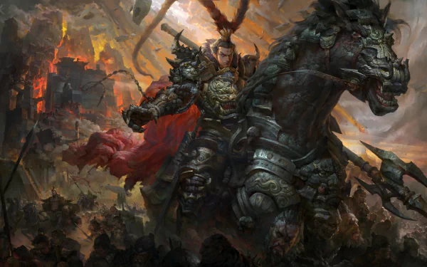 A dramatic HD wallpaper featuring Lu Bu, a samurai fantasy warrior from Arena of Valor, in ornate armor and mounted on a horse, set against a chaotic battlefield backdrop with oriental themes.