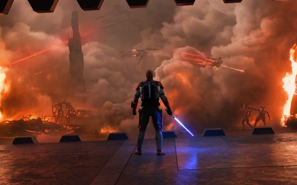 Obi-Wan Kenobi stands with a glowing lightsaber amid smoke and explosions, ready for battle in a dramatic Star Wars sci-fi scene.