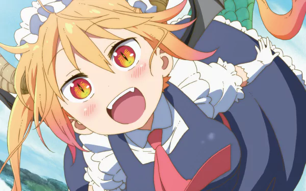 HD wallpaper of Tohru from Miss Kobayashi's Dragon Maid anime, featuring her in a maid outfit with a joyful expression.