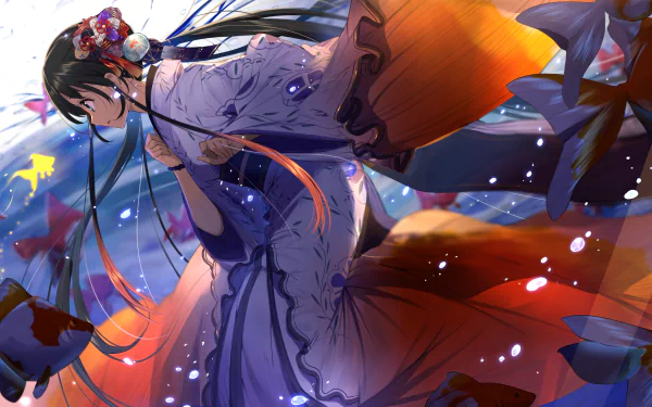 Anime HD wallpaper featuring an original underwater scene with colorful fish and a character in traditional attire with flowing hair and intricate details.