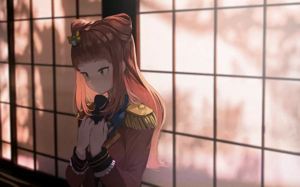 Ako Saotome from the anime Aikatsu! is depicted in a softly lit scene with shadows cast on a traditional Japanese window, featured as an HD PC desktop wallpaper background.