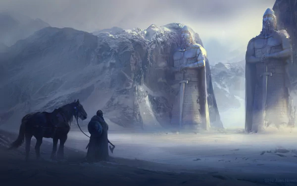 HD wallpaper featuring a fantasy warrior leading a horse through a snowy, mountainous landscape, approaching two towering stone statues.