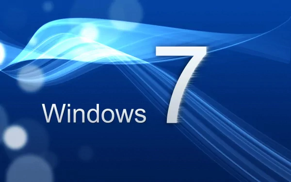 HD desktop wallpaper featuring a motion blur wave design with the Microsoft Windows 7 logo, showcasing technology and sleek digital aesthetics.