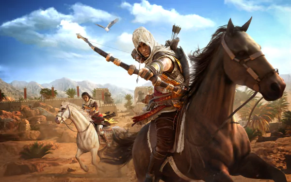 HD desktop wallpaper featuring Bayek of Siwa from the video game Assassin's Creed Origins, riding a horse in a desert landscape with another rider in the background.