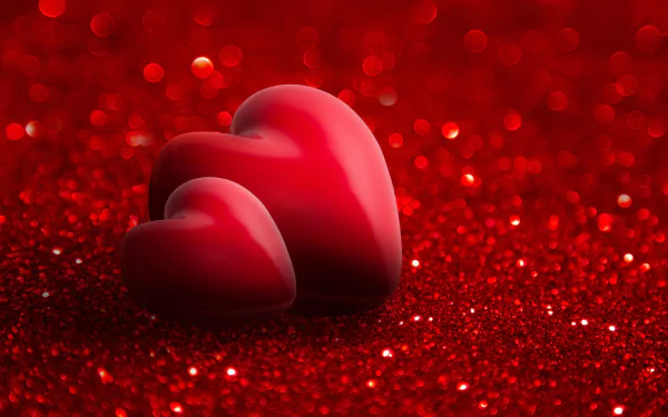 Artistic HD desktop wallpaper with two red hearts on a glittery red background, featuring a beautiful bokeh effect that evokes feelings of love.