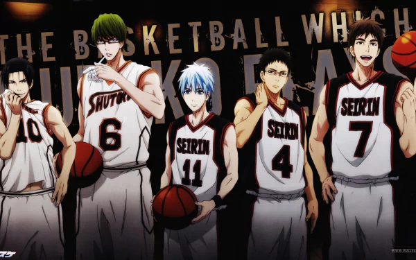 A high-definition desktop wallpaper featuring characters from Kuroko's Basketball, showcasing five players in jerseys, each holding a basketball, set against a bold background.
