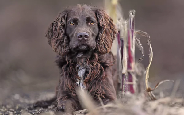 4K Ultra HD PC desktop wallpaper of a brown German Spaniel dog (spaniel, animal) reclining in a soft-focus field, alert eyes and richly textured, wavy fur.
