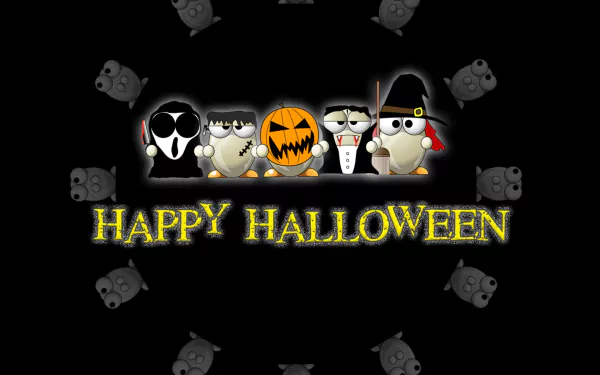 HD PC desktop wallpaper featuring cartoon monsters in Halloween costumes with a glowing Happy Halloween text on a dark background, capturing a festive holiday vibe.