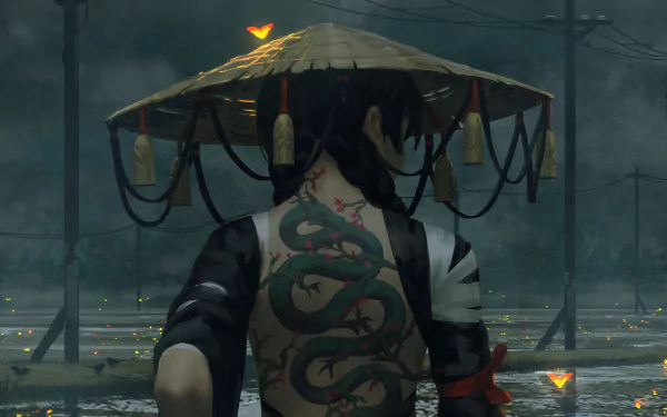 A woman with a braid and a detailed dragon tattoo on her back stands in a misty landscape, wearing a straw hat. Butterflies flutter around her in this fantasy-themed HD desktop wallpaper background.