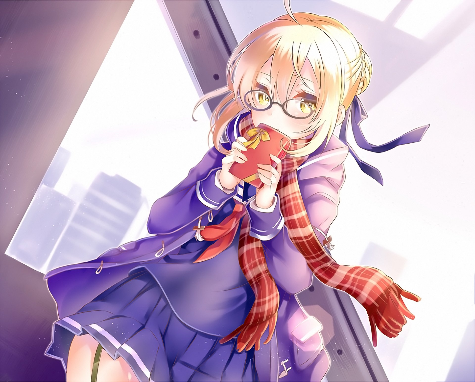 HD PC wallpaper of Saber (Heroine X) from Fate/Grand Order — anime-style portrait in glasses and a red scarf, holding a red cup on a city balcony.