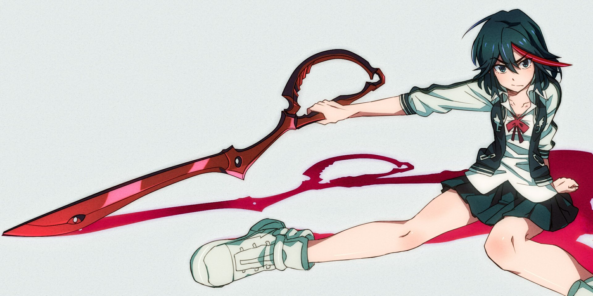 HD desktop wallpaper featuring Ryūko Matoi from the anime Kill La Kill, depicted wielding her signature scissor blade in a dynamic pose.