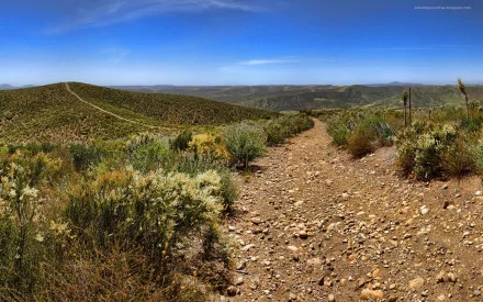 HD PC desktop wallpaper: a rocky dirt path through a grassy field and rolling hills under a wide blue sky, an expansive nature landscape.