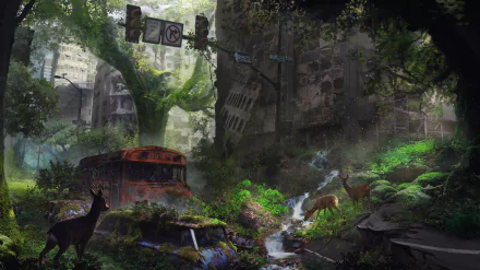 A post-apocalyptic sci-fi HD wallpaper featuring a ruin reclaimed by nature, with a tree, stream, and deer amidst abandoned structures.