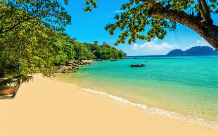 HD wallpaper of a stunning beach in Thailand, featuring a boat on a turquoise ocean, golden sand, lush greenery, and a serene, tropical atmosphere.