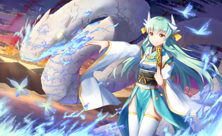 HD desktop wallpaper of Kiyohime from Fate/Grand Order in an anime style, with a vibrant scene featuring blue flames and dragon-like elements in the background.