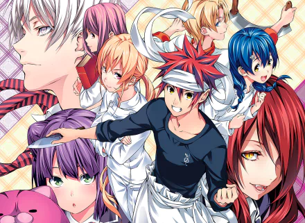 HD desktop wallpaper featuring characters Momo Akanegakubo, Hisako Arato, Rindō Kobayashi, Megumi Tadokoro, Sōma Yukihira, and Erina Nakiri from the anime Food Wars: Shokugeki no Soma.