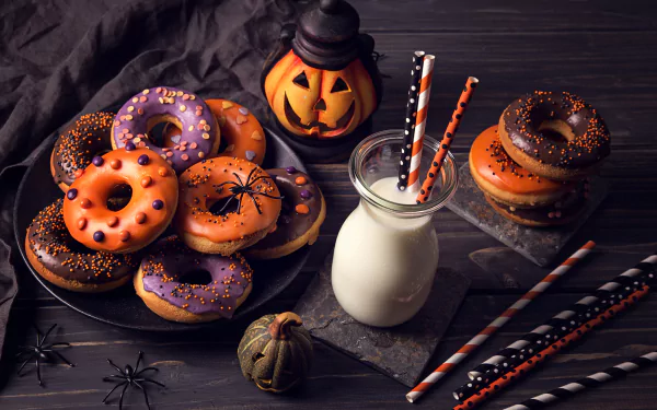Halloween-themed HD wallpaper featuring a plate of colorful doughnuts, a bottle of milk with straws, and festive decorations including a pumpkin lantern and toy spiders.