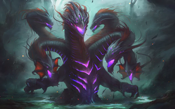 HD desktop wallpaper featuring a mesmerizing fantasy hydra with multiple glowing purple heads, emerging from a dark, mysterious swamp.