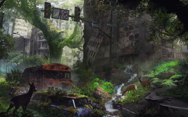 A post-apocalyptic sci-fi HD wallpaper featuring a ruin reclaimed by nature, with a tree, stream, and deer amidst abandoned structures.