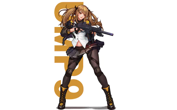 HD desktop wallpaper featuring UMP9 from the video game Girls' Frontline, posing with a gun against a white background with 'UMP9' text in bold yellow.