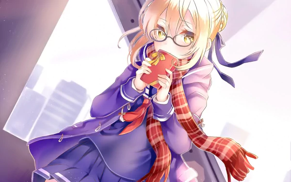 HD PC wallpaper of Saber (Heroine X) from Fate/Grand Order — anime-style portrait in glasses and a red scarf, holding a red cup on a city balcony.