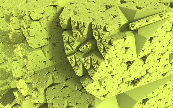 A green, trippy, abstract fractal design with geometric triangles generated using Mandelbulber 3D. This HD image makes for an intriguing fractal desktop wallpaper and background.