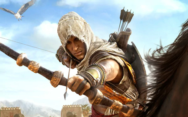 Bayek of Siwa from Assassin's Creed Origins aims his bow while riding a horse in this 4K Ultra HD PC desktop wallpaper.