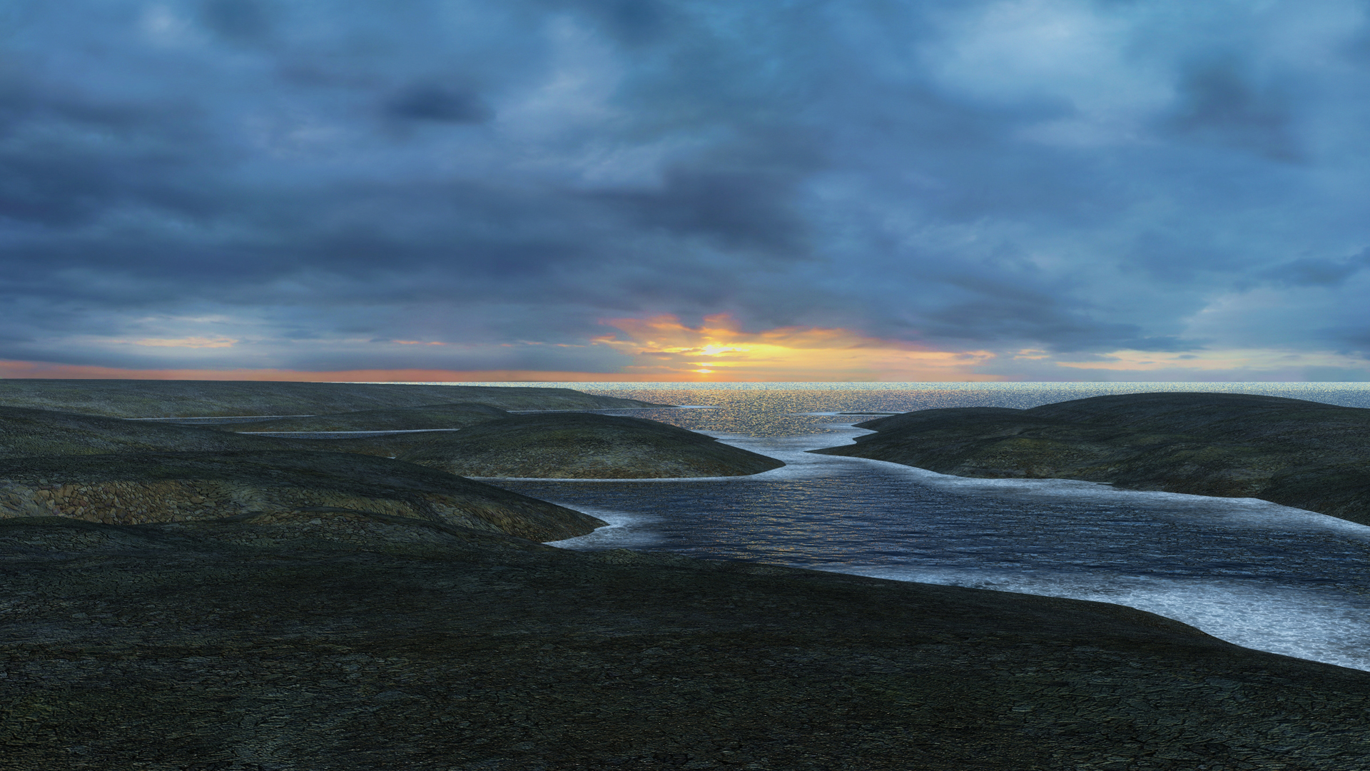 Stunning sunset over a wilderness river with a peaceful ocean shoreline covered in clouds.