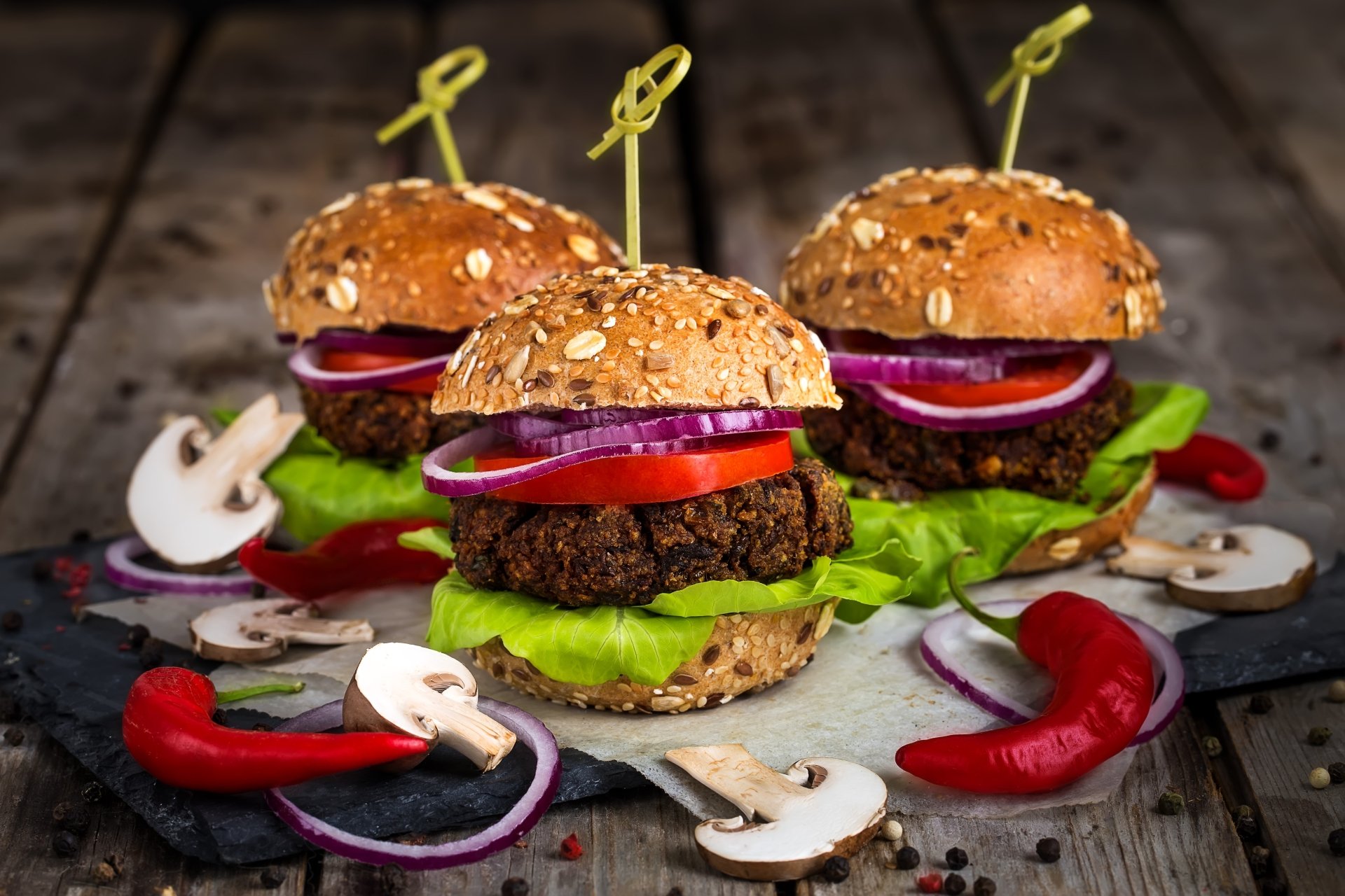 Download Bread Meat Pepper Mushroom Still Life Food Burger  4k Ultra HD Wallpaper