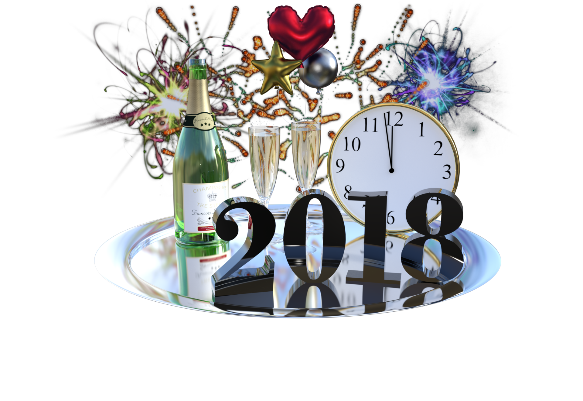 HD desktop wallpaper celebrating New Year 2018 with champagne, glasses, fireworks, and a clock striking midnight.