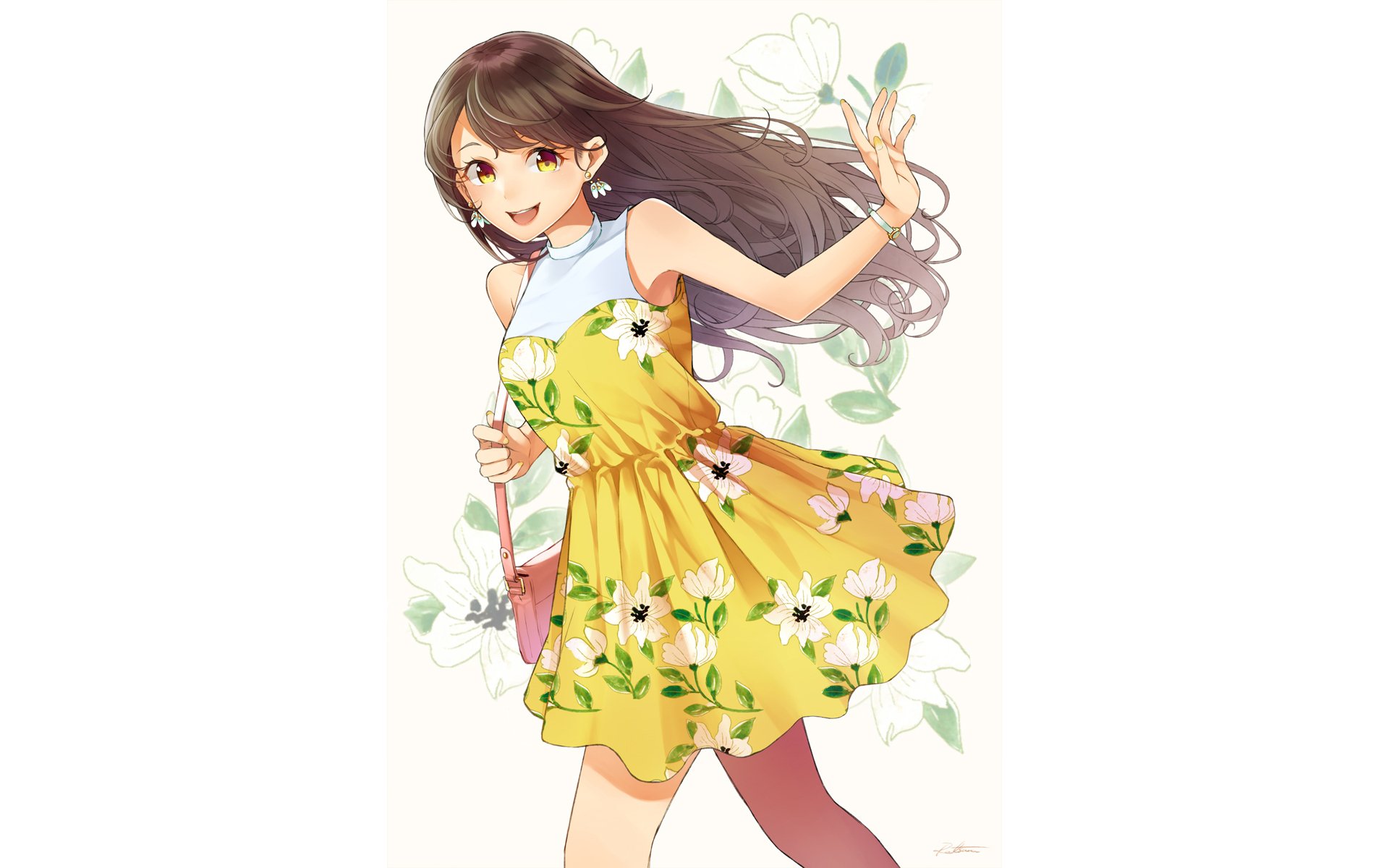 Anime-style original HD desktop wallpaper featuring a cheerful girl in a yellow floral dress with flowing brown hair and vibrant expression.