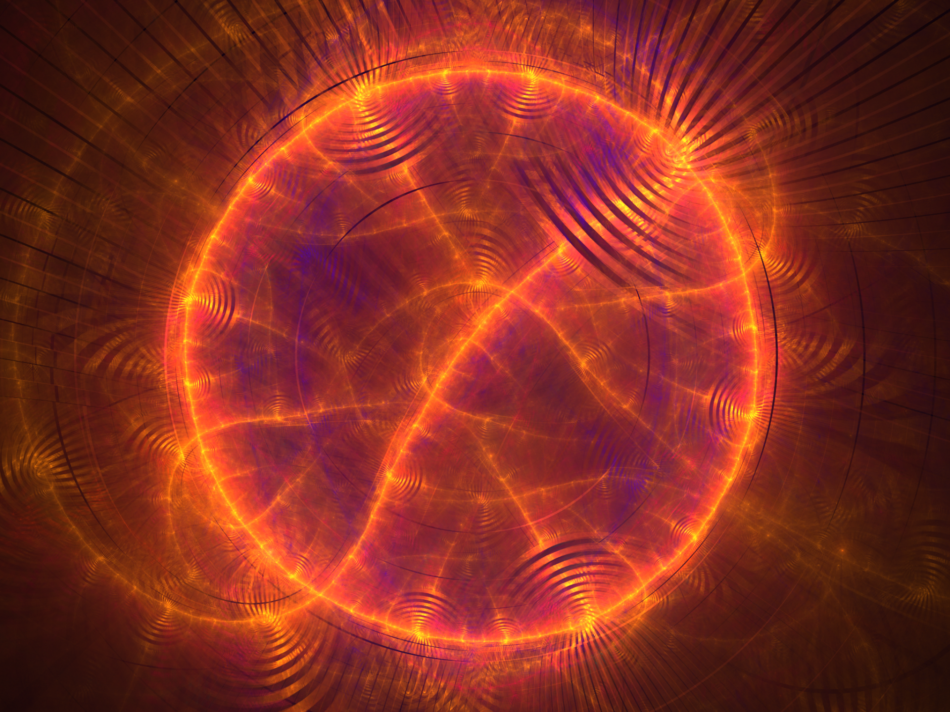 Abstract fractal artwork rendered with Apophysis software, featuring vibrant orange circles and intricate shapes, set as an HD desktop wallpaper and background.