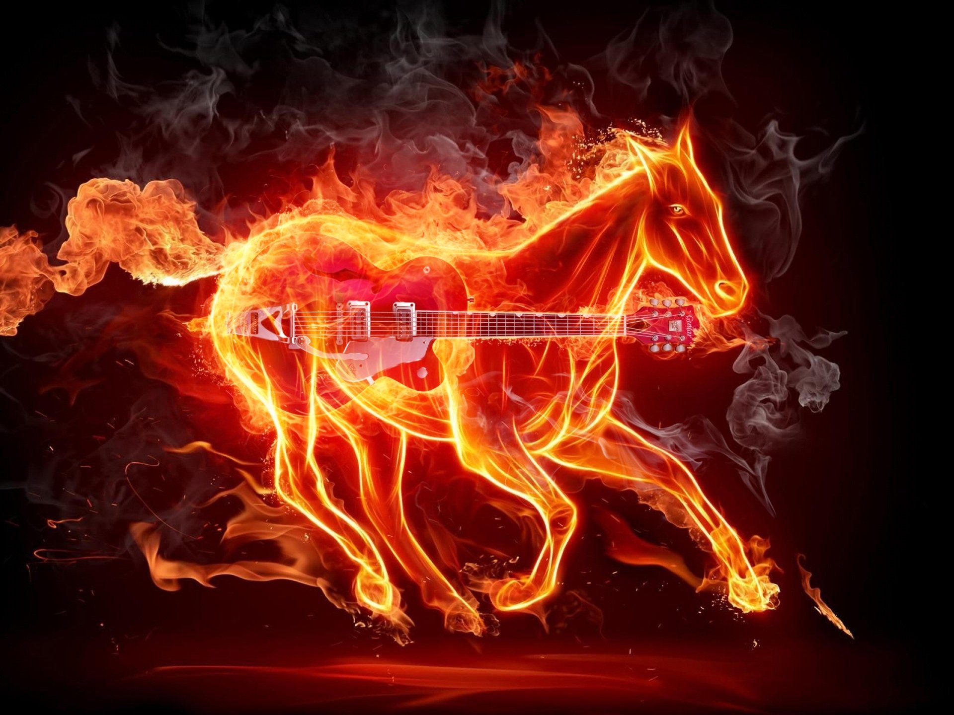 HD desktop wallpaper featuring an artistic elemental design of a fiery horse seamlessly blended with an electric guitar engulfed in flames and smoke.