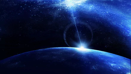 HD anime-style wallpaper of a planet with a beam of light piercing through a starry blue cosmic background, inspired by the theme of planetariums.