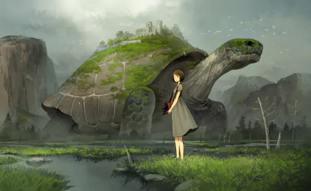 A high-definition anime wallpaper featuring a girl standing in front of a giant turtle with a castle on its shell, set in a serene, lush landscape.