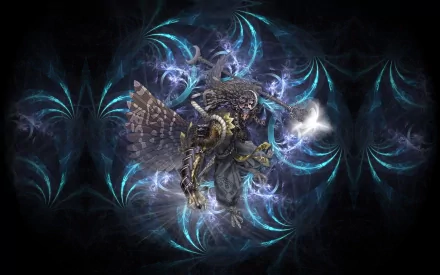 HD PC desktop wallpaper featuring a fractal fantasy creature mage, surrounded by glowing, intricate blue and purple mystical patterns.