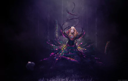 A colorful fantasy fairy glows with vibrant light and magical energy in a dark, mystical forest, captured in stunning 4K Ultra HD for a PC desktop wallpaper.