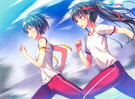 Anime characters Mio Ibuki and Suzune Horikita from Classroom of the Elite are depicted running together in this HD desktop wallpaper and background.