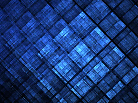 HD desktop wallpaper featuring an abstract, blue fractal pattern with a textured, square design created using Apophysis software.