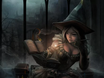 A witch wearing a hat reads a glowing magic book by a window, set in a dark, fantasy holiday-themed scene for an HD PC desktop wallpaper.