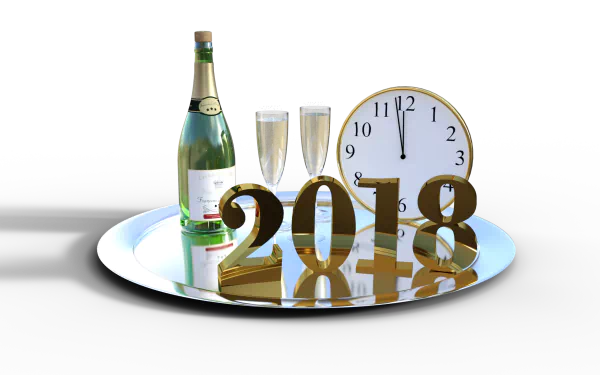 HD desktop wallpaper featuring a New Year 2018 celebration with champagne, two flutes, a clock nearing midnight, and golden 2018 numbers on a reflective surface.