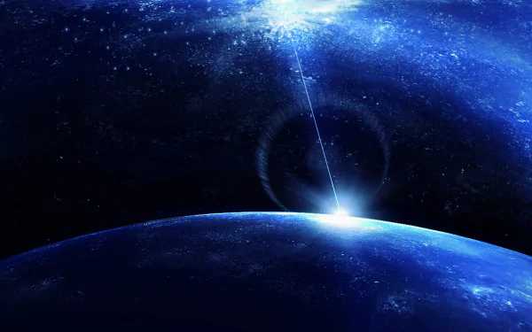HD anime-style wallpaper of a planet with a beam of light piercing through a starry blue cosmic background, inspired by the theme of planetariums.