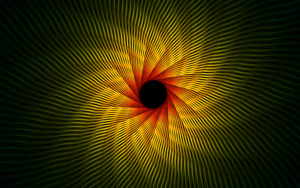 Abstract fractal spiral with vibrant lines in red, orange, and yellow hues, created using Chaoscope software, displayed as an HD PC desktop wallpaper and background.