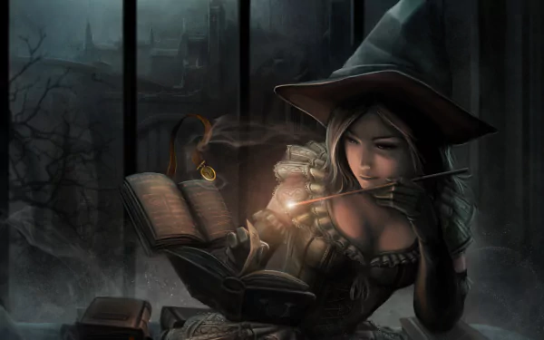 A witch wearing a hat reads a glowing magic book by a window, set in a dark, fantasy holiday-themed scene for an HD PC desktop wallpaper.