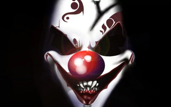 A menacing clown face with a sinister grin and dark background, capturing the essence of Halloween and the spooky vibes of a scary holiday atmosphere.